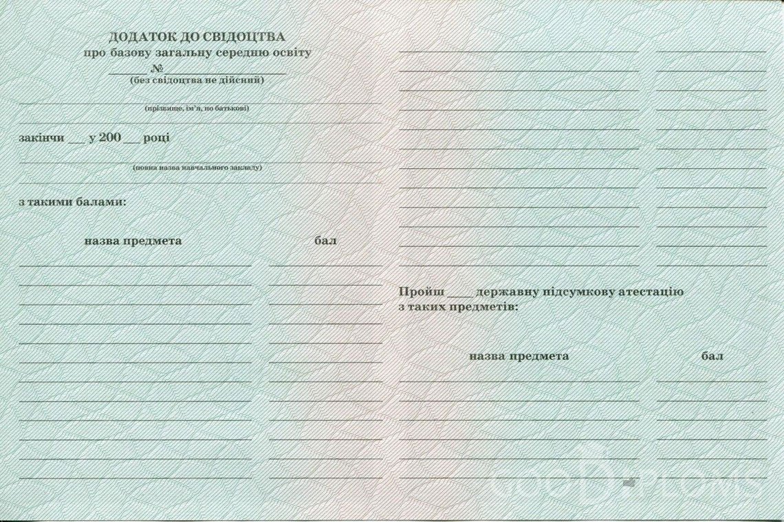 Украинский аттестат за 9 класс - Обратная Сторона приложения- Оренбург